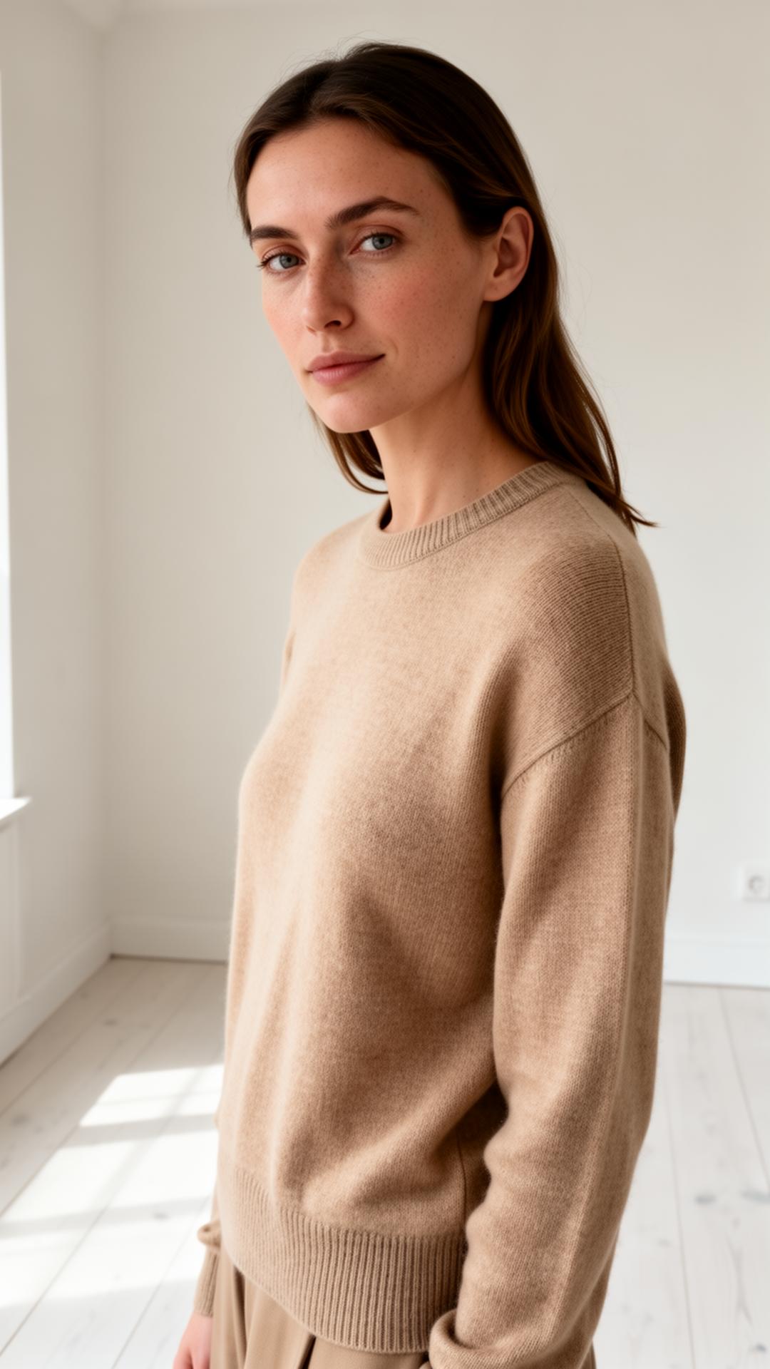 AI-generated editorial fashion product shot of a model wearing a sand-colored merino sweater